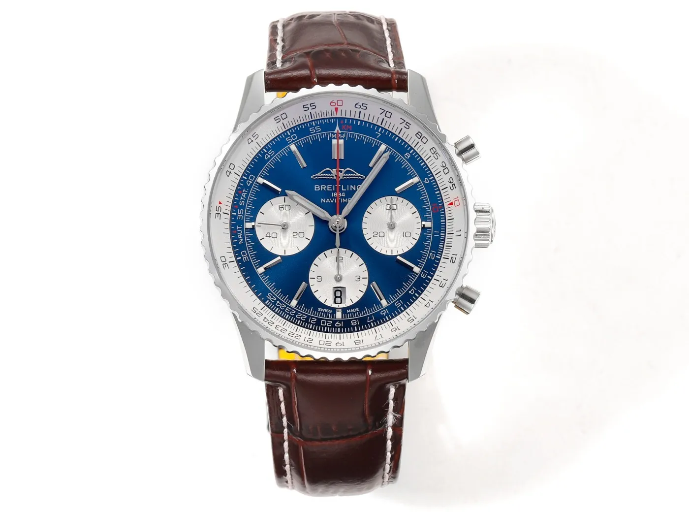 BLS Factory Breitling Navitimer B01 Chronograph 43mm Blue Dial Silver Case Brown Leather Strap Watch