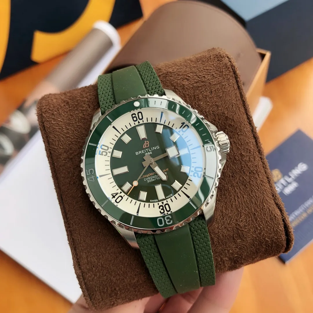 BLS Factory Breitling Superocean Automatic 42mm Green Dial Green Rubber Strap Stainless Steel Watch