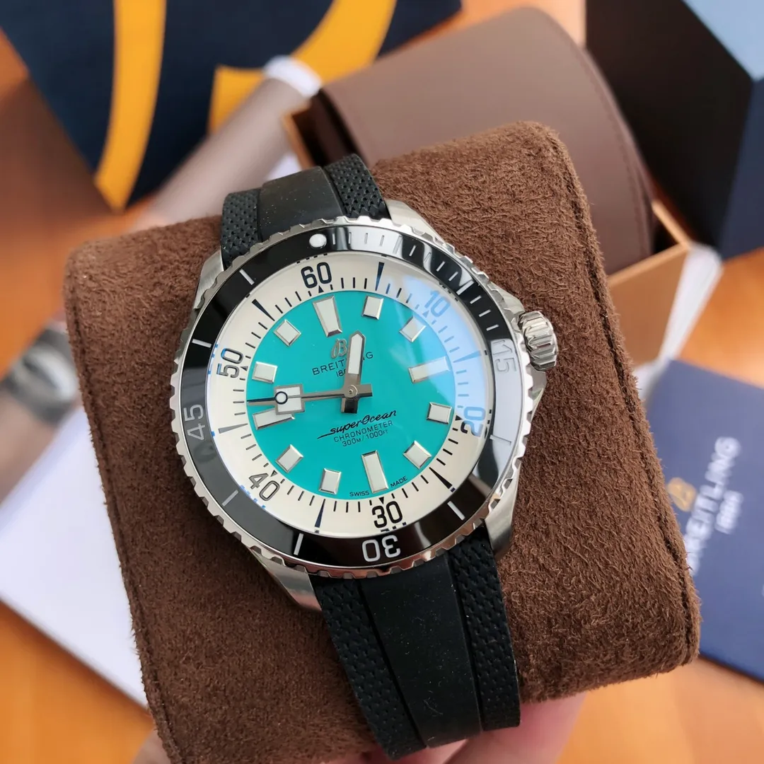 BLS Factory Breitling Superocean Automatic Turquoise Dial Black Bezel Rubber Strap Men's Diver Watch