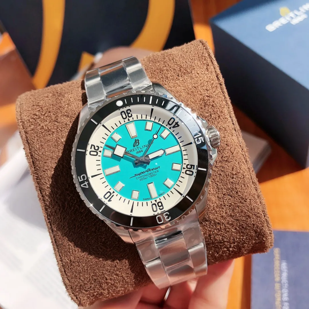 BLS Factory Breitling Superocean Watch with Turquoise Dial, Black Bezel, and Stainless Steel Bracele