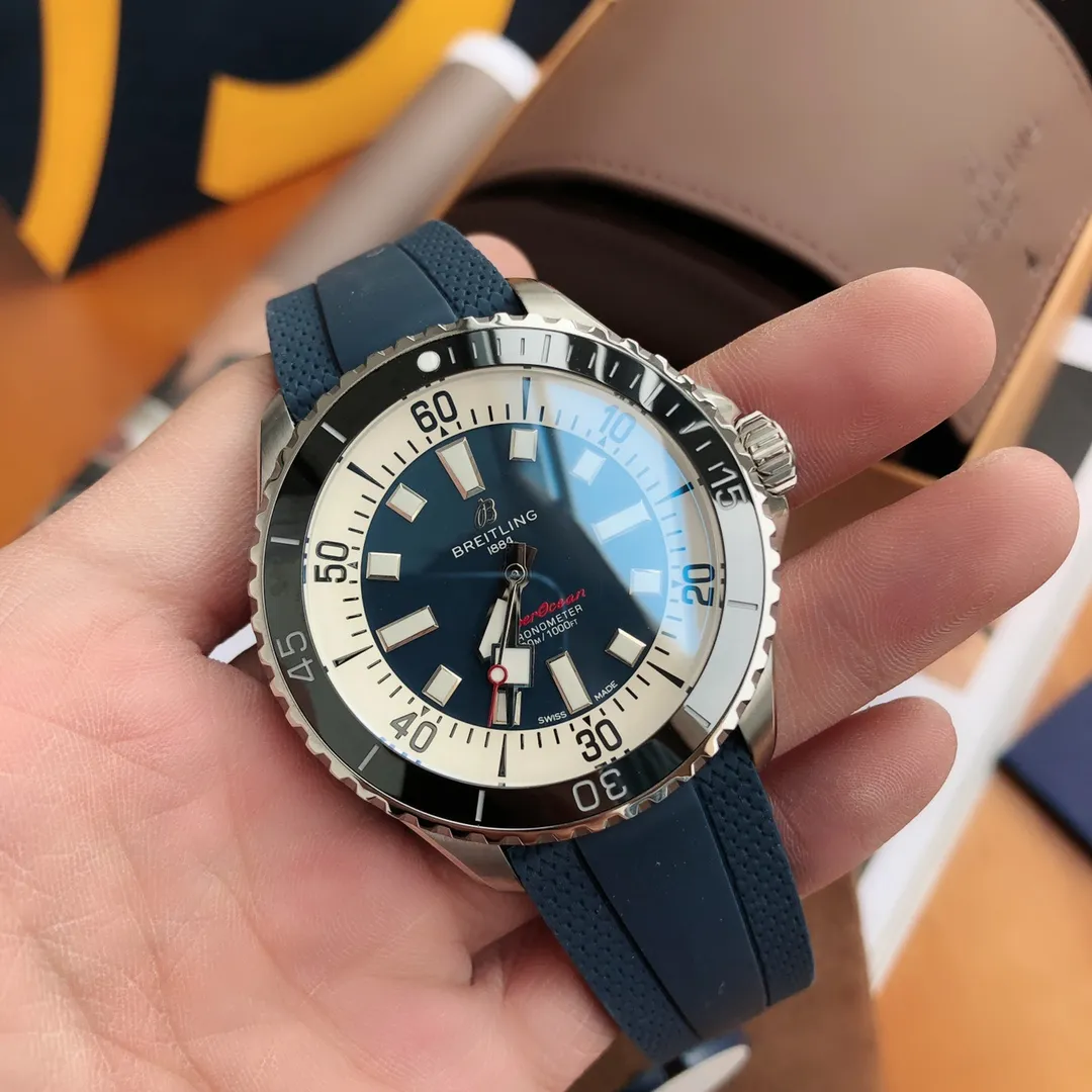 BLS Factory Breitling Superocean Automatic 42mm Blue Dial Men's Diver Watch with Blue Rubber Strap