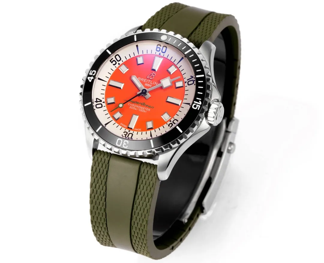 BLS Factory Breitling Superocean Automatic Orange Dial Green Rubber Strap Men's Diver Watch