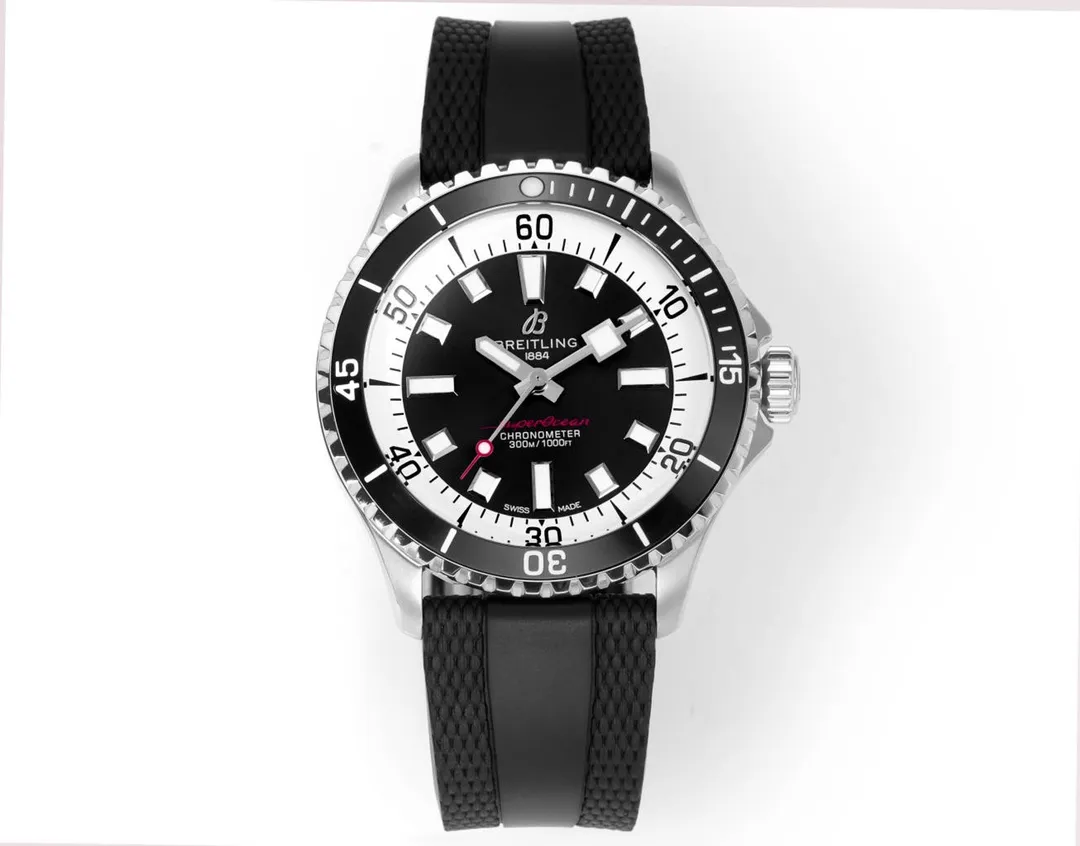 BLS Factory Breitling Superocean Automatic Black Dial Men's Dive Watch with Black Rubber Strap