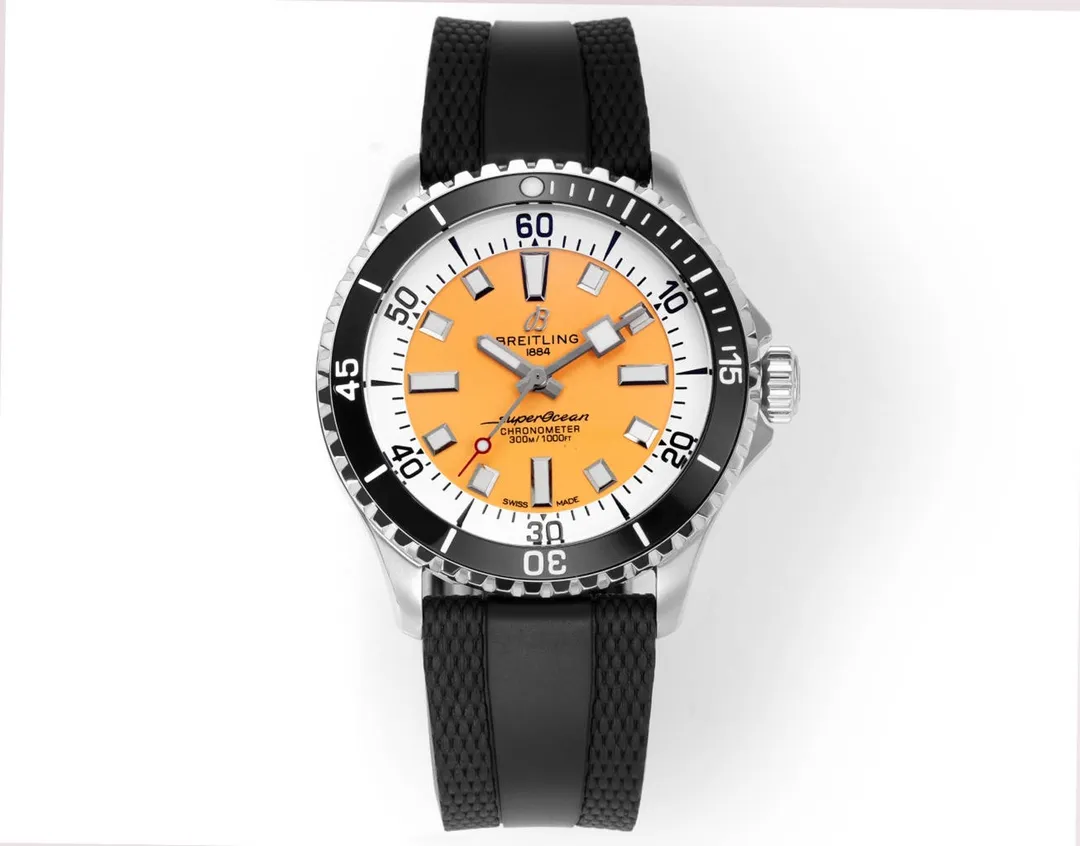 BLS Factory Breitling SuperOcean Automatic Orange Dial Black Rubber Strap Men's Dive Watch
