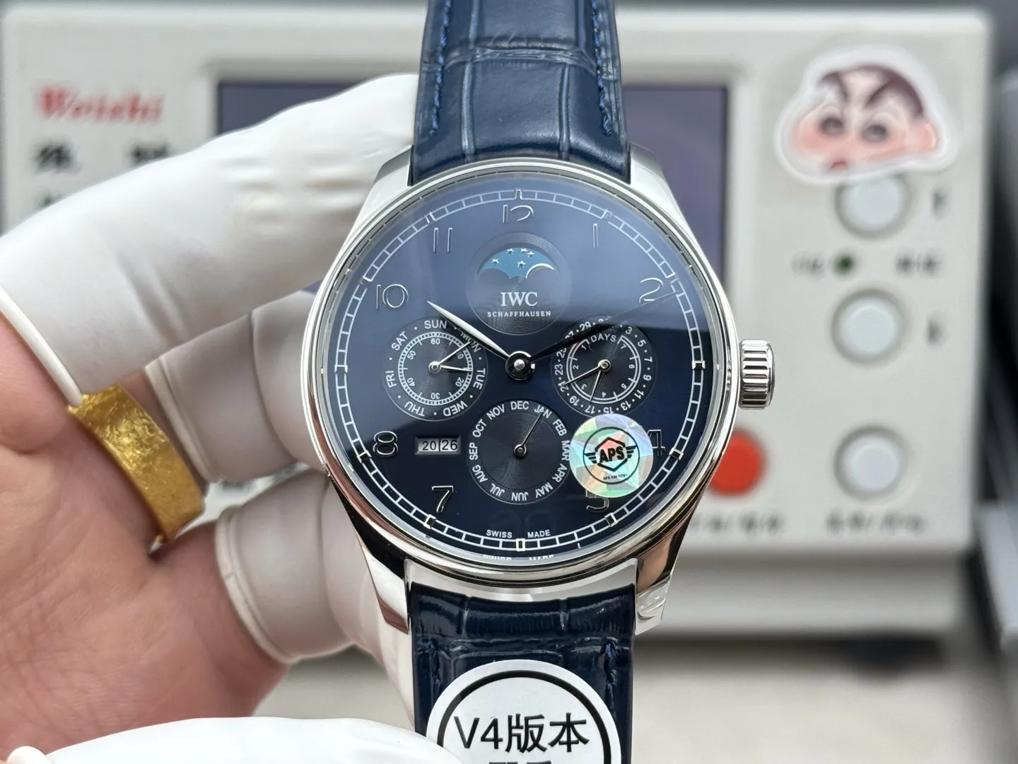 IWC Portugieser Perpetual Calendar Automatic Men's Watch Blue Dial Leather Strap Silver Case