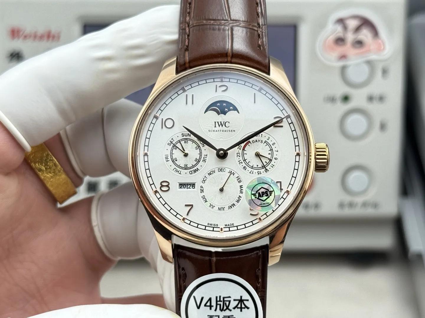 IWC Portugieser Perpetual Calendar Rose Gold Case White Dial Brown Leather Strap Men's Luxury Watch