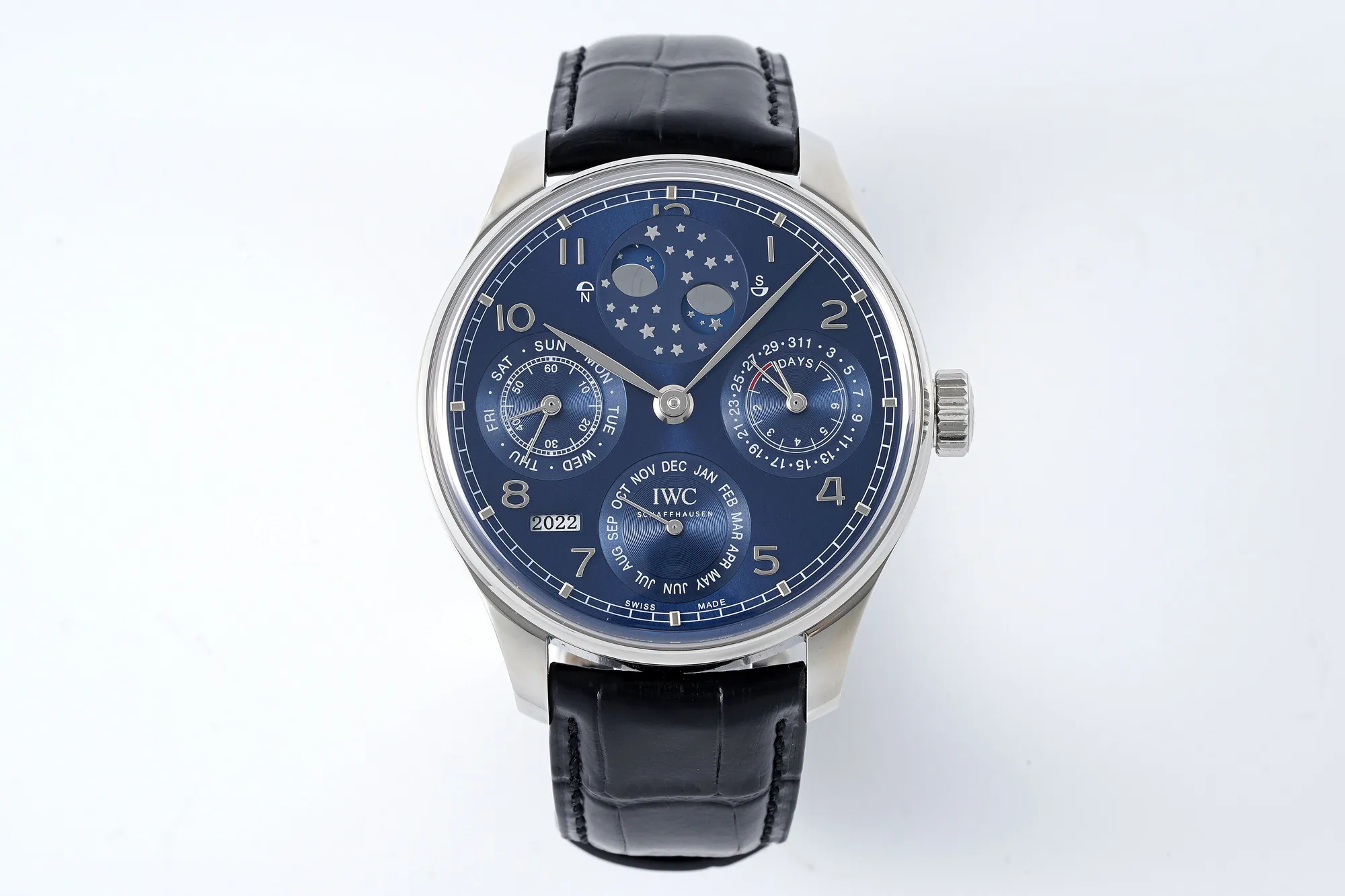 IWC Schaffhausen Portugieser Perpetual Calendar Blue Dial Moonphase Black Leather Strap Men's Luxury Watch