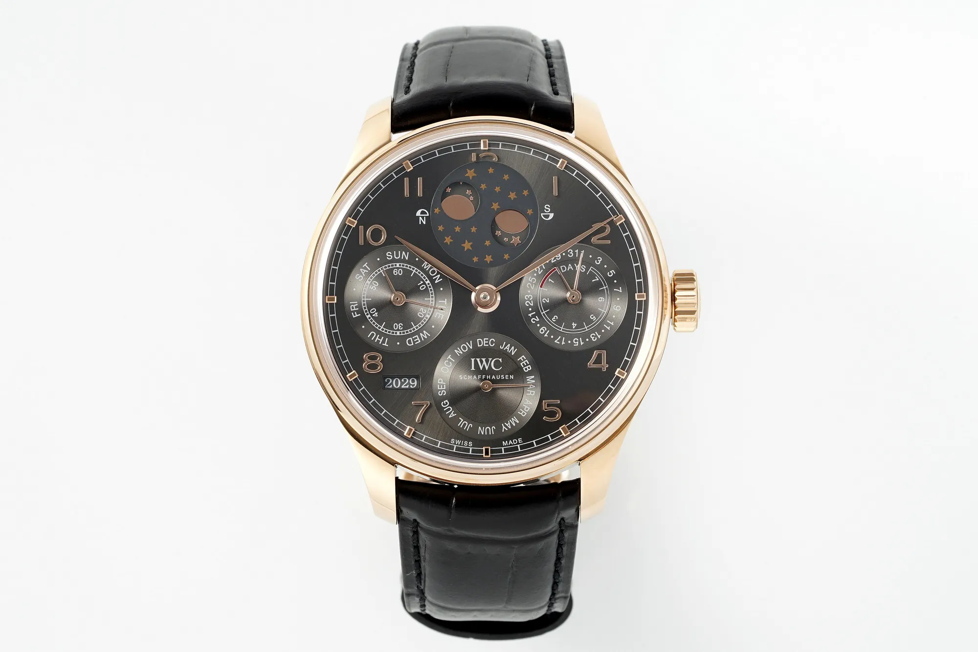 IWC Portugieser Perpetual Calendar Rose Gold Automatic Men's Watch with Black Dial and Leather Strap