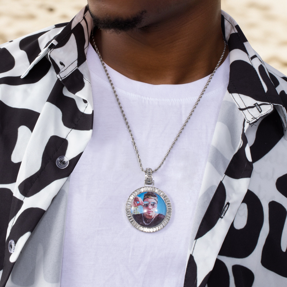 Custom Baguette Stones Round Shape Photo Pendant With Street Luxury Shine - Image 3
