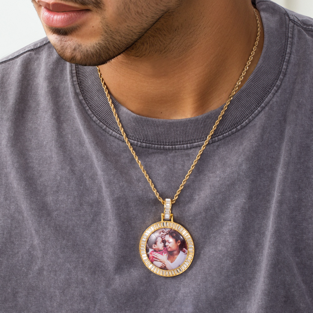 Custom Baguette Stones Round Shape Photo Pendant With Street Luxury Shine - Image 7
