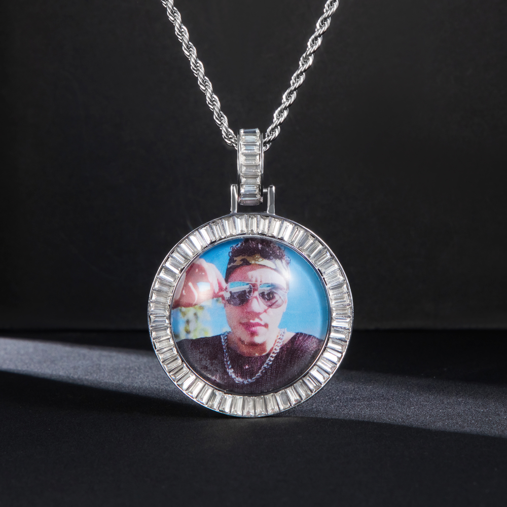 Custom Baguette Stones Round Shape Photo Pendant With Street Luxury Shine