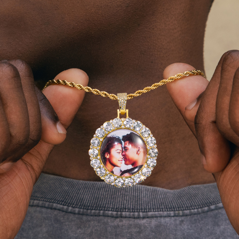 Custom Large Round Stones Photo Pendant Gold With Street Luxury Shine - Image 5
