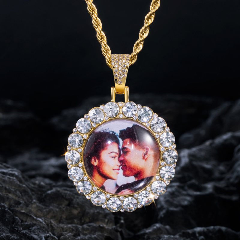 Custom Large Round Stones Photo Pendant Gold With Street Luxury Shine