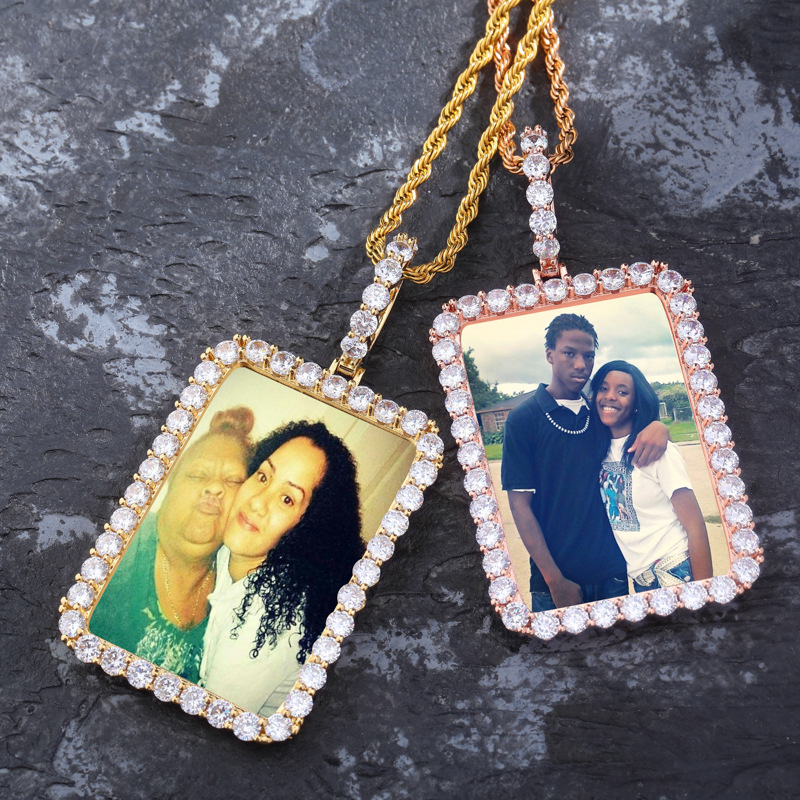 Iced Out Custom Rectangle Photo Pendant In Gold With Street Luxury Shine