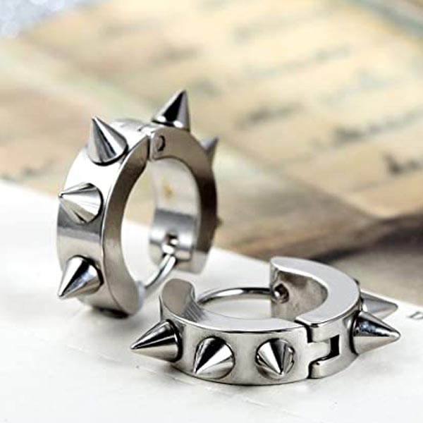 Stainless Steel Punk Rivet Hoop Earrings Silver With Street Luxury Shine - Image 3
