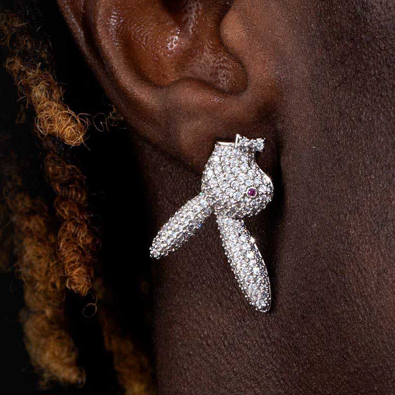 Iced Out Upside Down Bunny Earrings In White Gold With Street Luxury Shine - Image 3