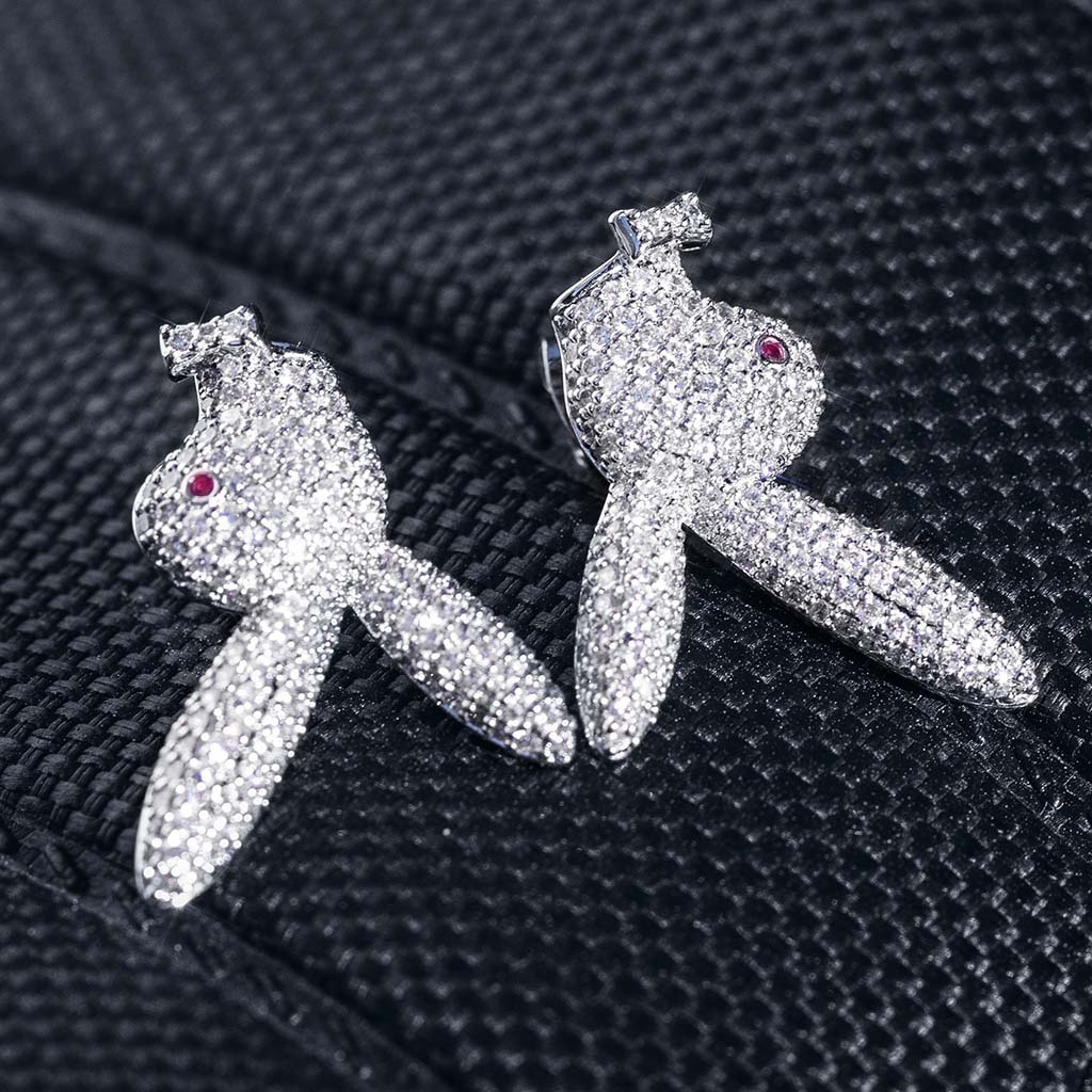 Iced Out Upside Down Bunny Earrings In White Gold With Street Luxury Shine