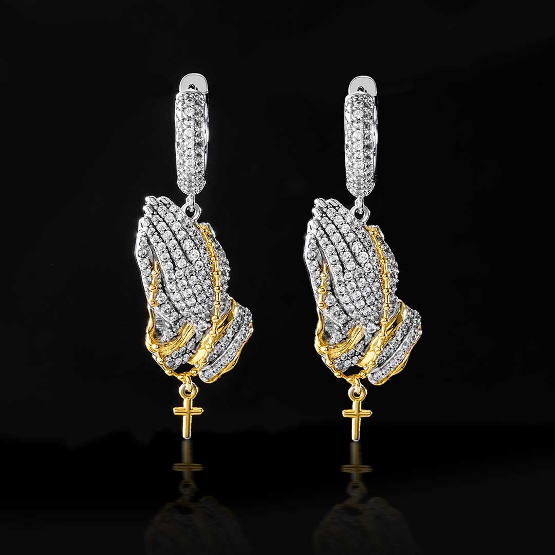 Iced Out Praying Hands Holding Cross Dangle Earrings Gold - Image 3