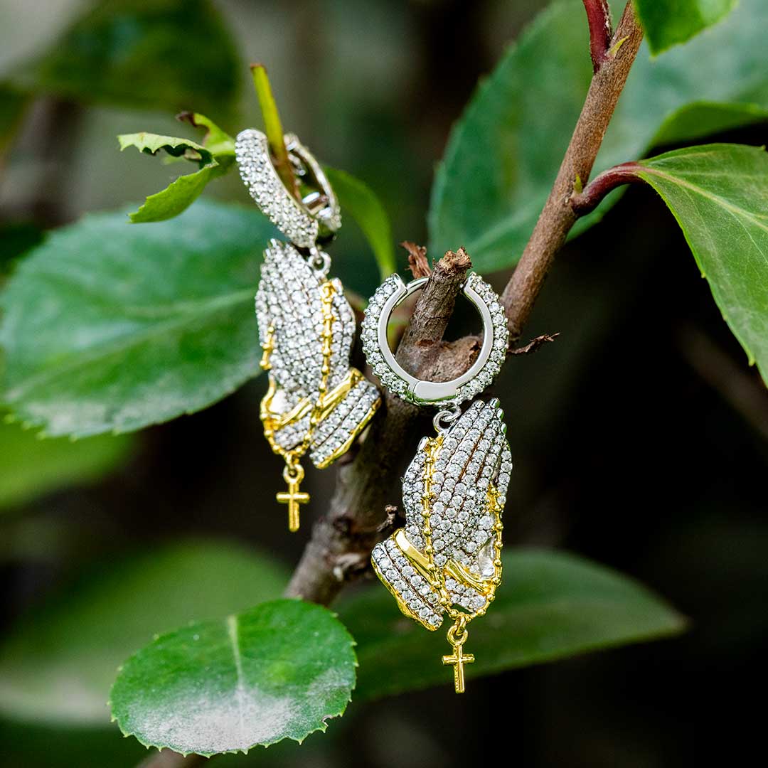 Iced Out Praying Hands Holding Cross Dangle Earrings Gold - Image 4