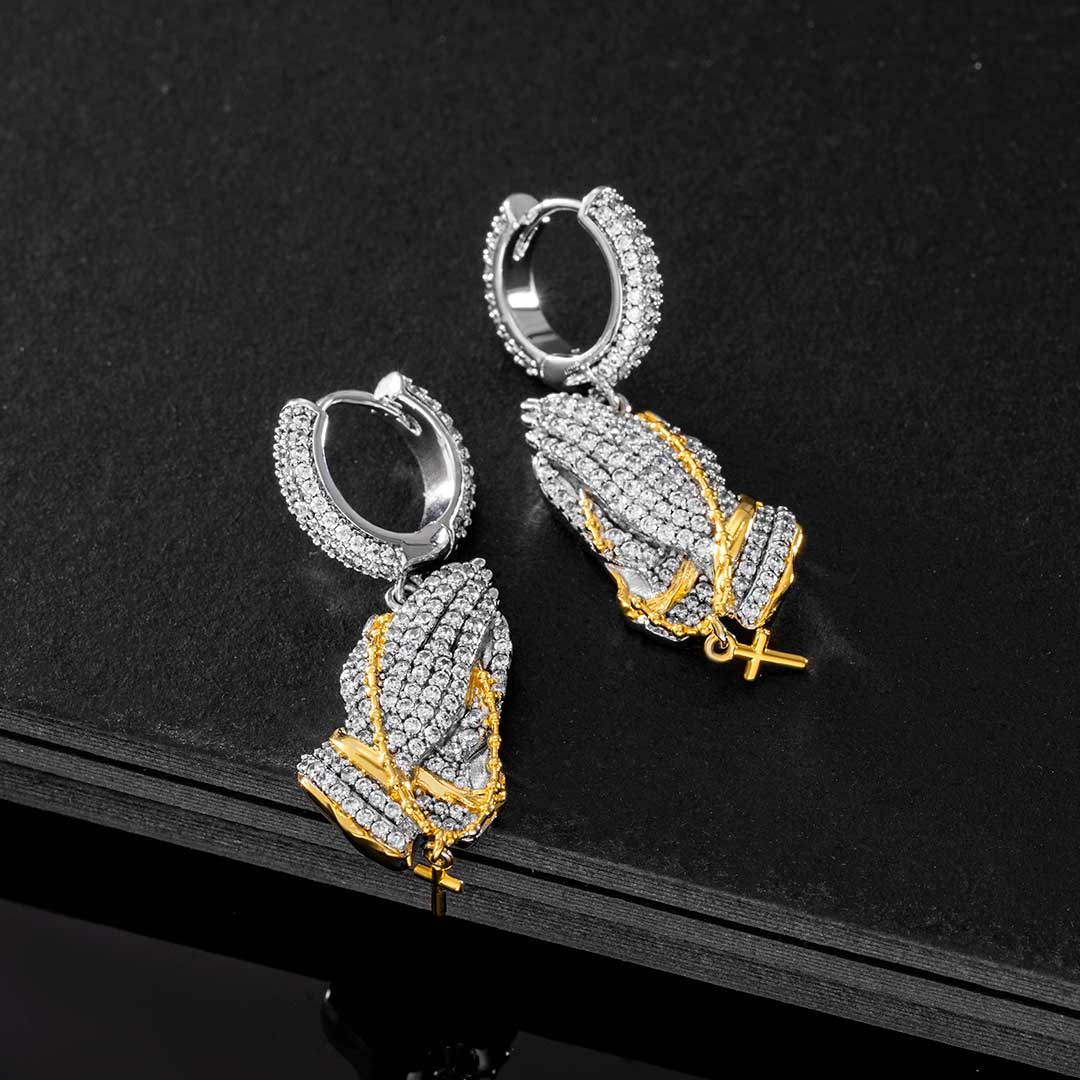 Iced Out Praying Hands Holding Cross Dangle Earrings Gold - Image 5