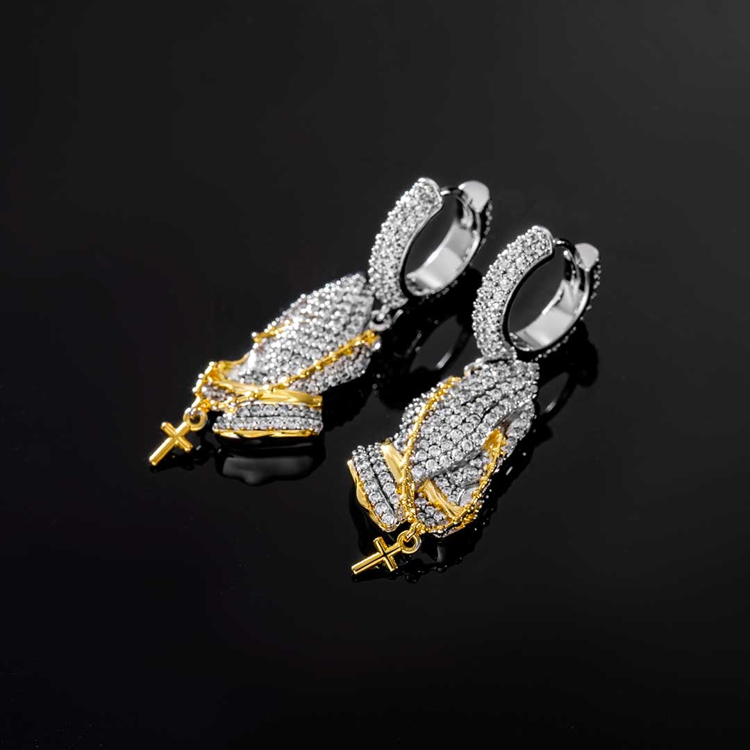 Iced Out Praying Hands Holding Cross Dangle Earrings Gold - Image 6