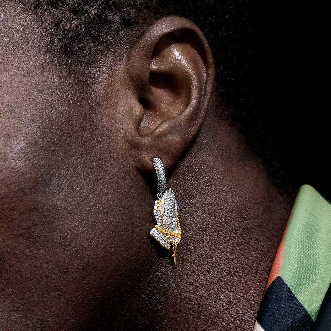 Iced Out Praying Hands Holding Cross Dangle Earrings Gold