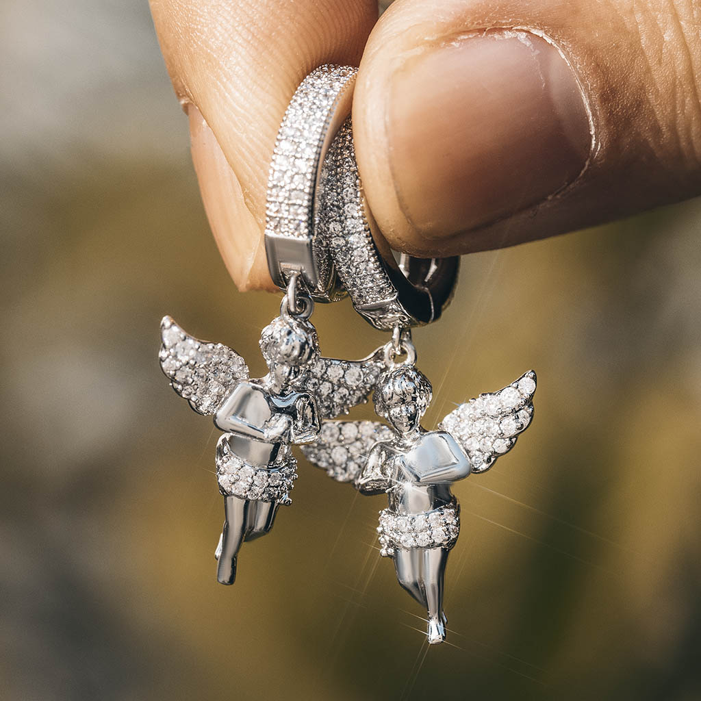 Iced Out Praying Angel Dangle Earrings In White Gold With Gold Shine - Image 4