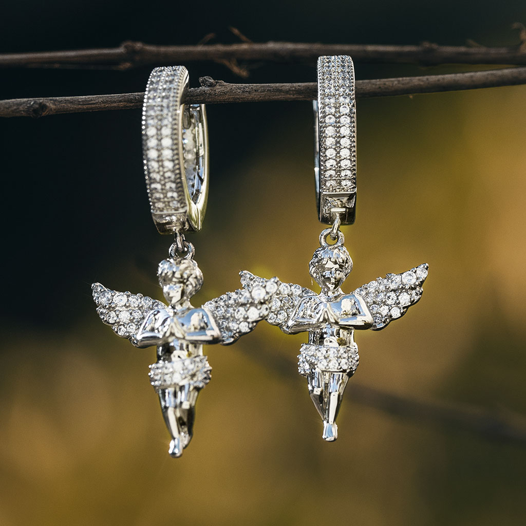 Iced Out Praying Angel Dangle Earrings In White Gold With Gold Shine - Image 5