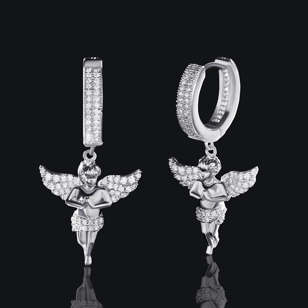 Iced Out Praying Angel Dangle Earrings In White Gold With Gold Shine - Image 6