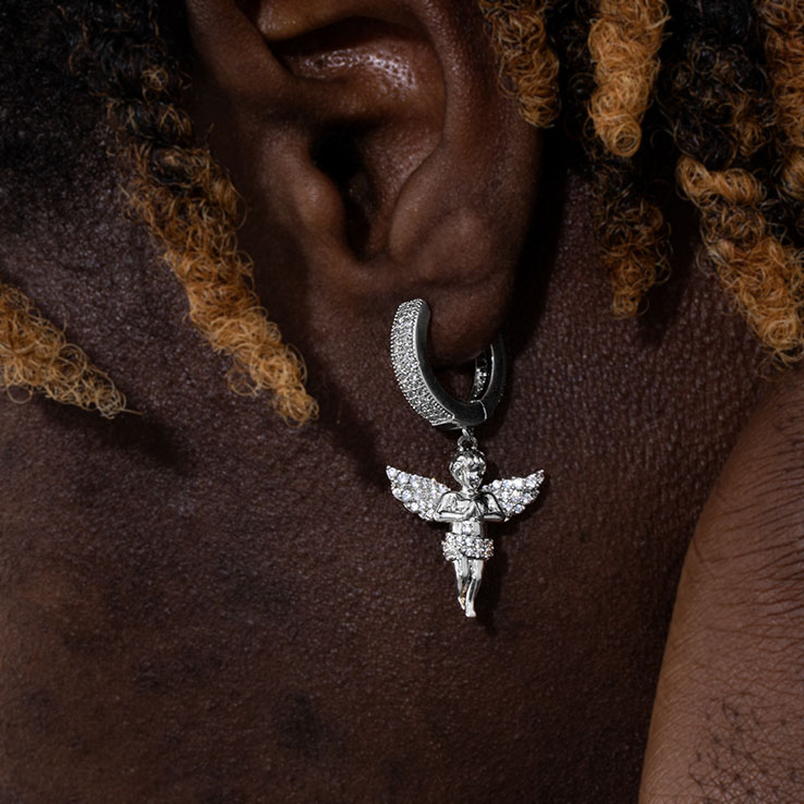 Iced Out Praying Angel Dangle Earrings In White Gold With Gold Shine