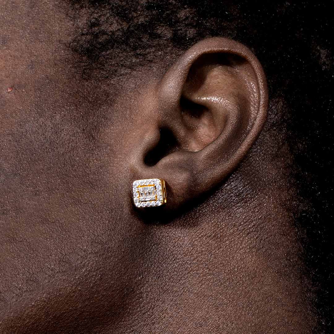 Square Baguette & Round Stones Stud Earring Gold With Street Luxury Shine - Image 3