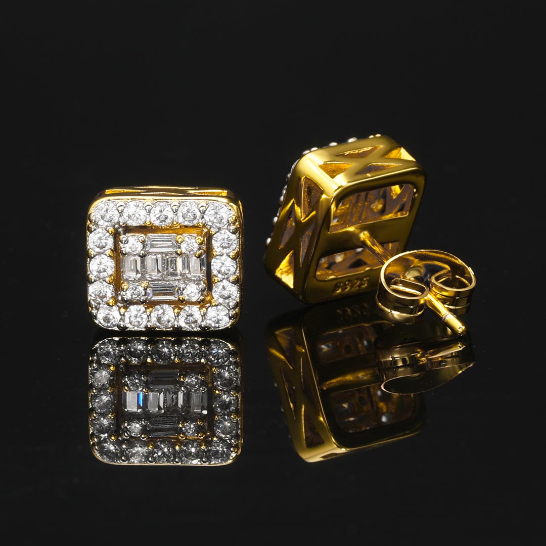 Square Baguette & Round Stones Stud Earring Gold With Street Luxury Shine - Image 4