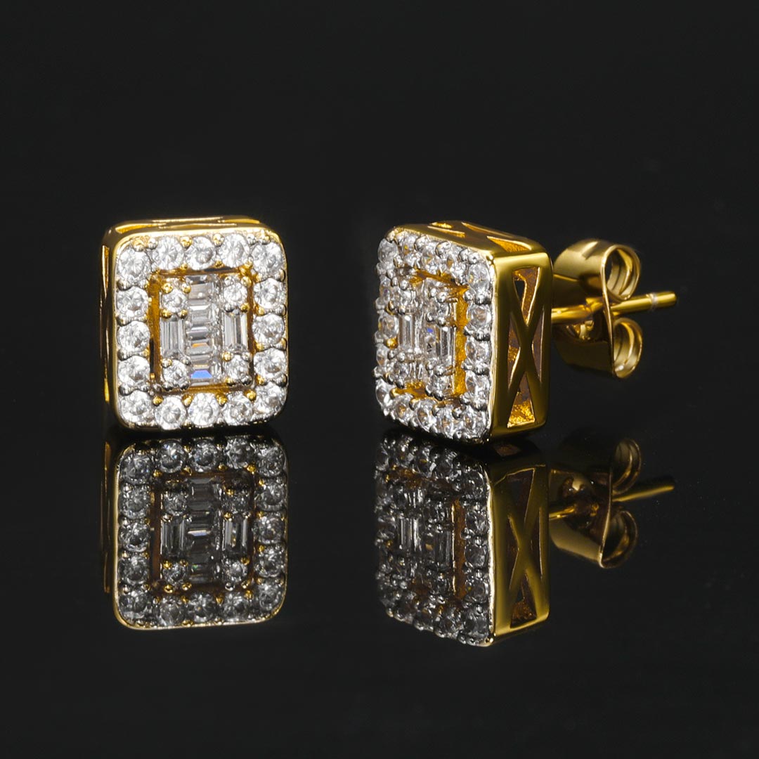 Square Baguette & Round Stones Stud Earring Gold With Street Luxury Shine - Image 5