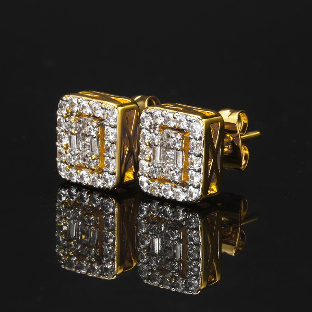 Square Baguette & Round Stones Stud Earring Gold With Street Luxury Shine - Image 6