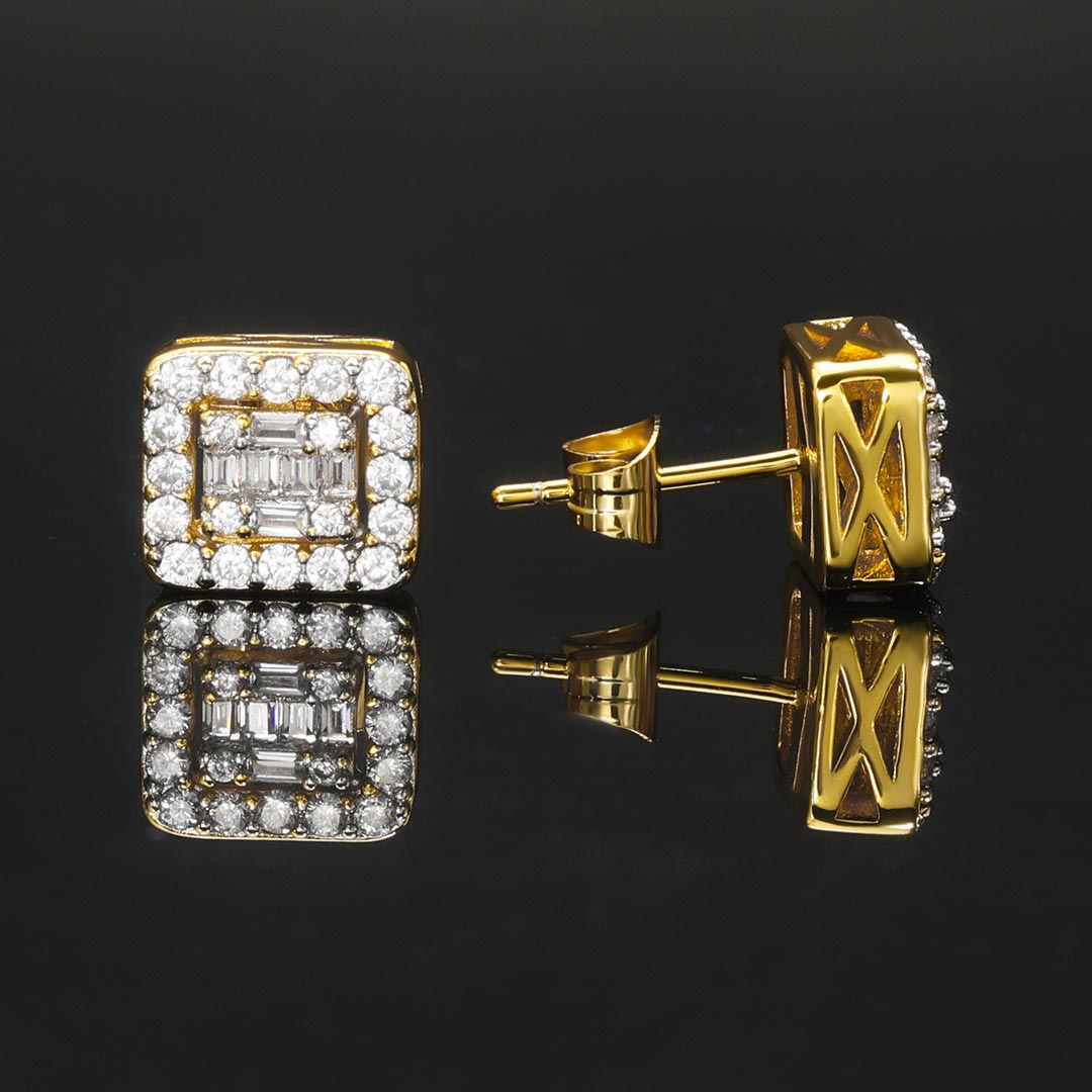 Square Baguette & Round Stones Stud Earring Gold With Street Luxury Shine