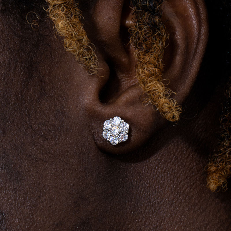 Flower Cluster Cross Asymmetric Earrings In White Gold With Gold Shine - Image 3