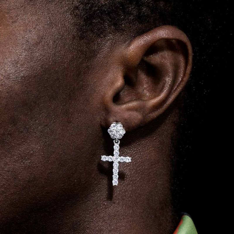 Flower Cluster Cross Asymmetric Earrings In White Gold With Gold Shine - Image 4