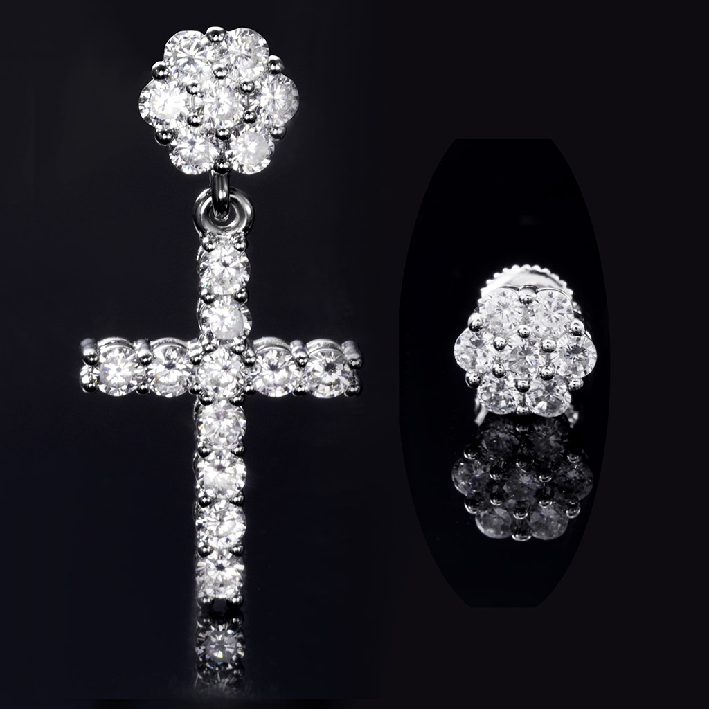 Flower Cluster Cross Asymmetric Earrings In White Gold With Gold Shine