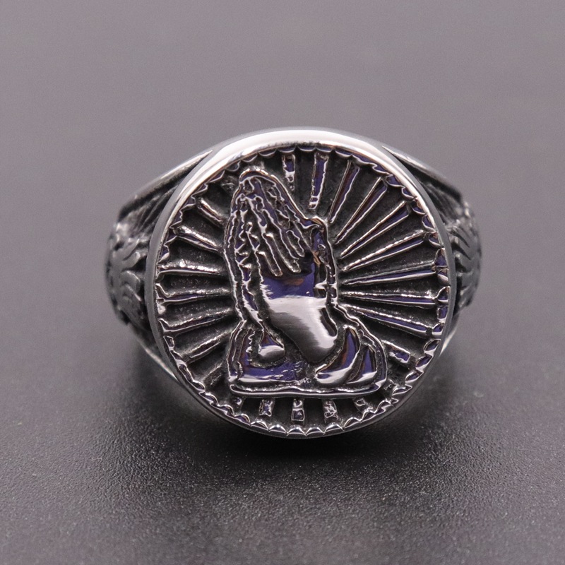 Vintage Praying Hand Titanium Steel Ring Silver With Street Luxury Shine - Image 3