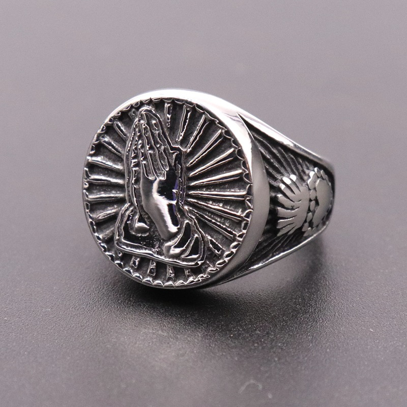 Vintage Praying Hand Titanium Steel Ring Silver With Street Luxury Shine - Image 4