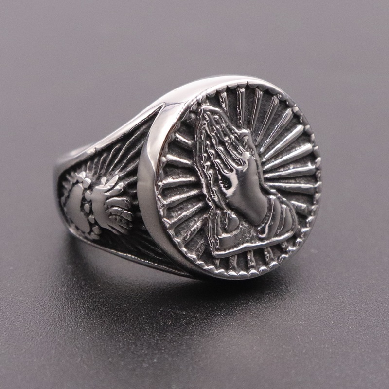 Vintage Praying Hand Titanium Steel Ring Silver With Street Luxury Shine
