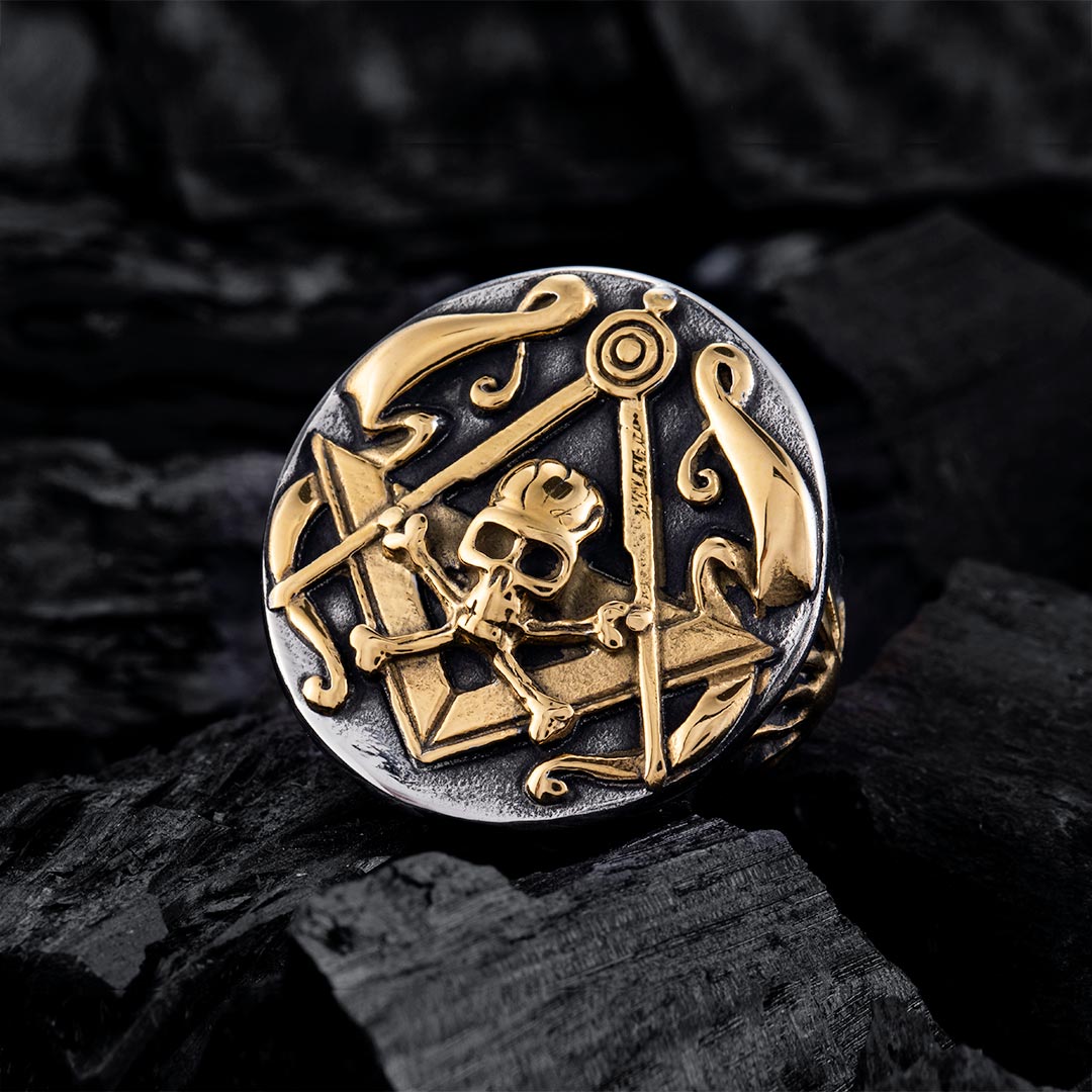 Gold Masonic Skull Stainless Steel Ring With Street Luxury Shine