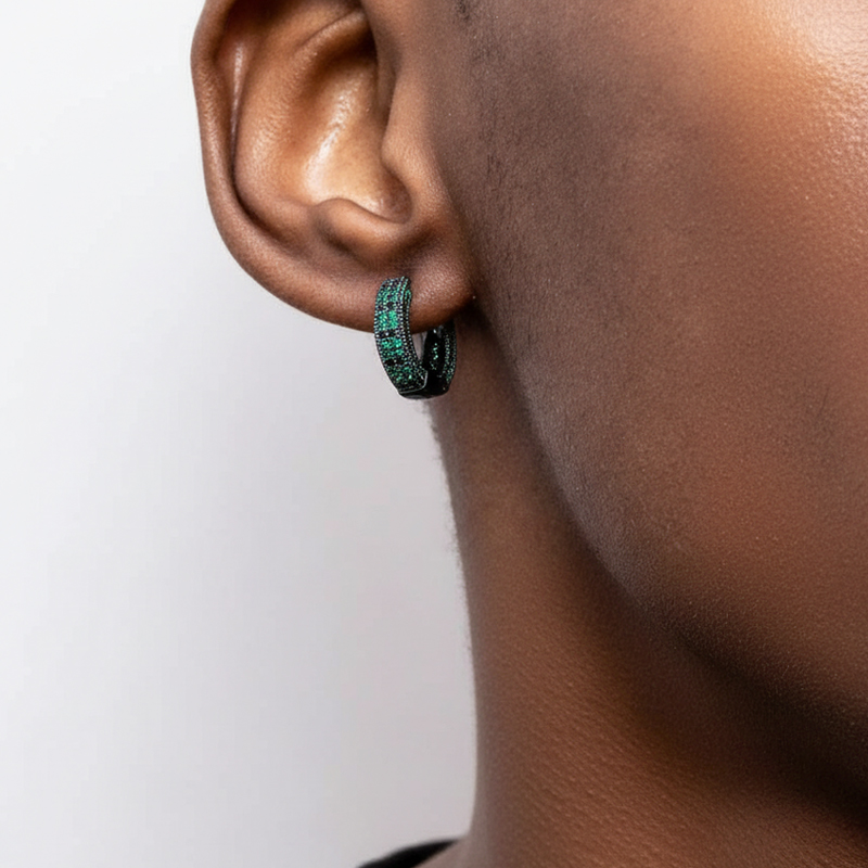 Iced Out Emerald & Black Stones Hoop Earring In Black Gold With Gold Shine - Image 3