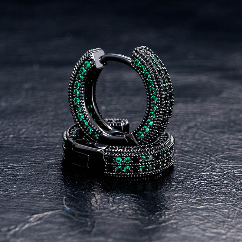 Iced Out Emerald & Black Stones Hoop Earring In Black Gold With Gold Shine - Image 4