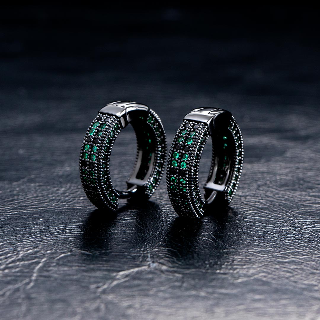 Iced Out Emerald & Black Stones Hoop Earring In Black Gold With Gold Shine