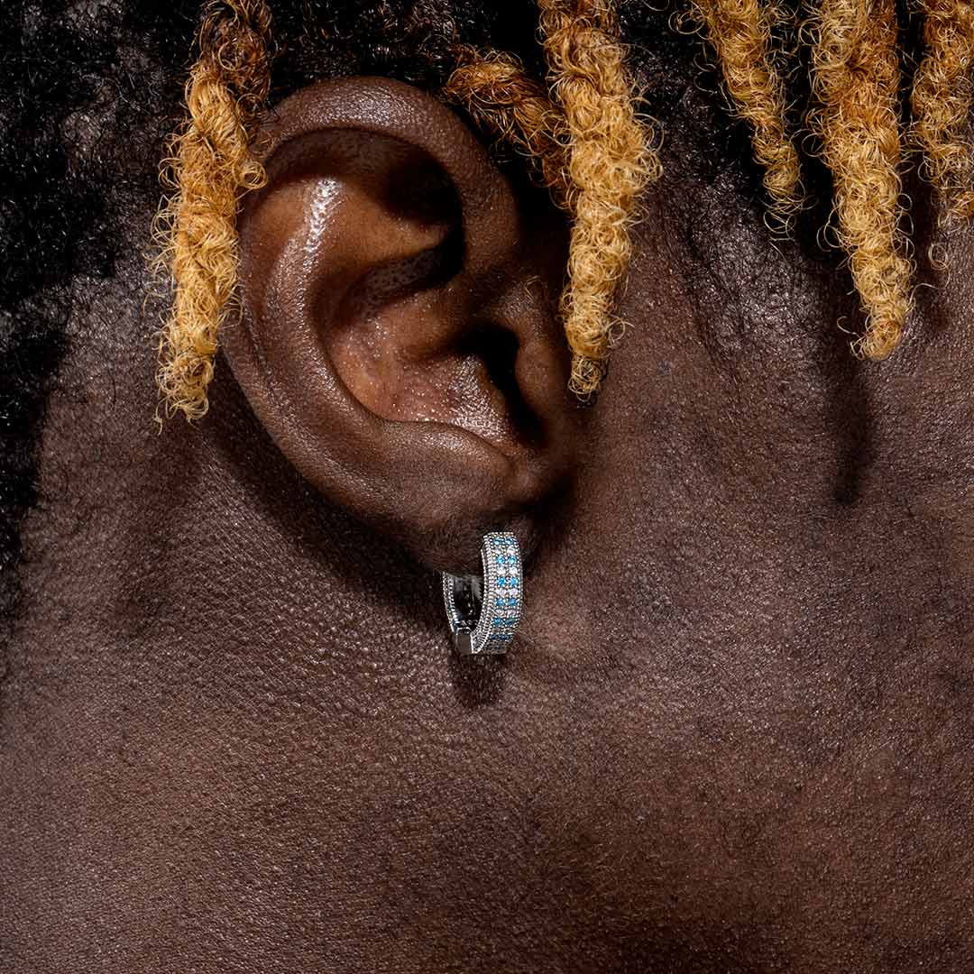 Blue&white Iced Out Hoop Earring In White Gold With Street Luxury Shine - Image 3