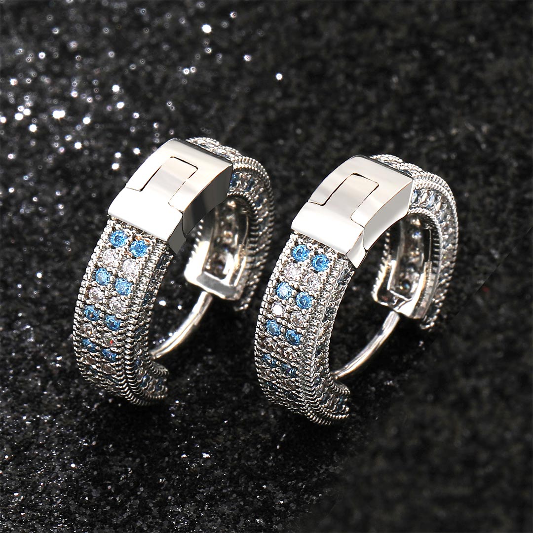 Blue&white Iced Out Hoop Earring In White Gold With Street Luxury Shine - Image 5