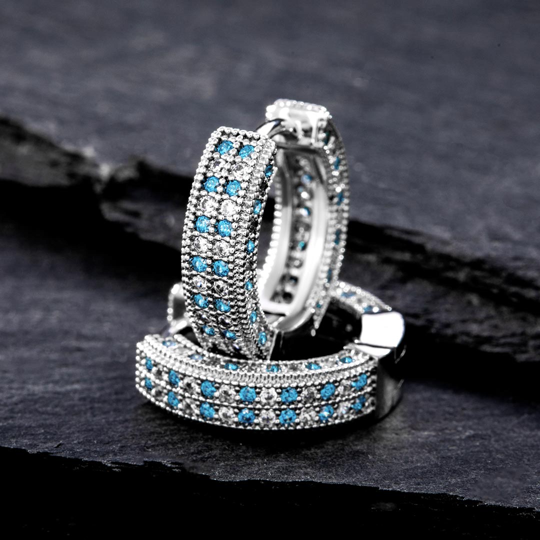 Blue&white Iced Out Hoop Earring In White Gold With Street Luxury Shine