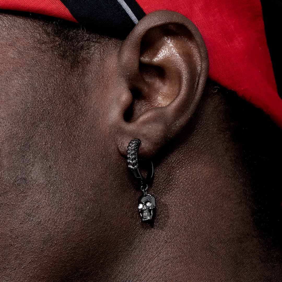 Asymmetric Skull Hoop Earrings In Black Gold With Street Luxury Shine - Image 3