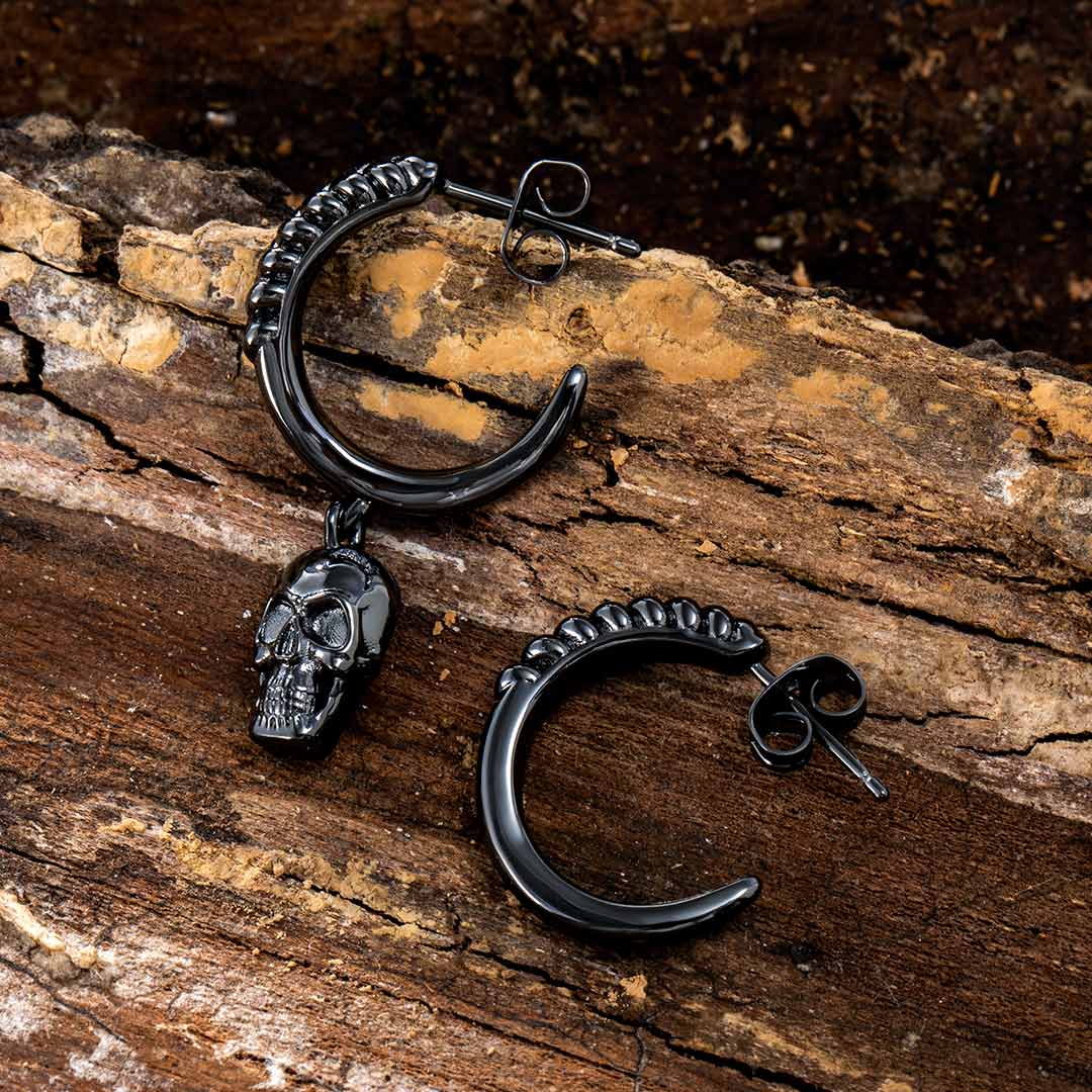 Asymmetric Skull Hoop Earrings In Black Gold With Street Luxury Shine - Image 5